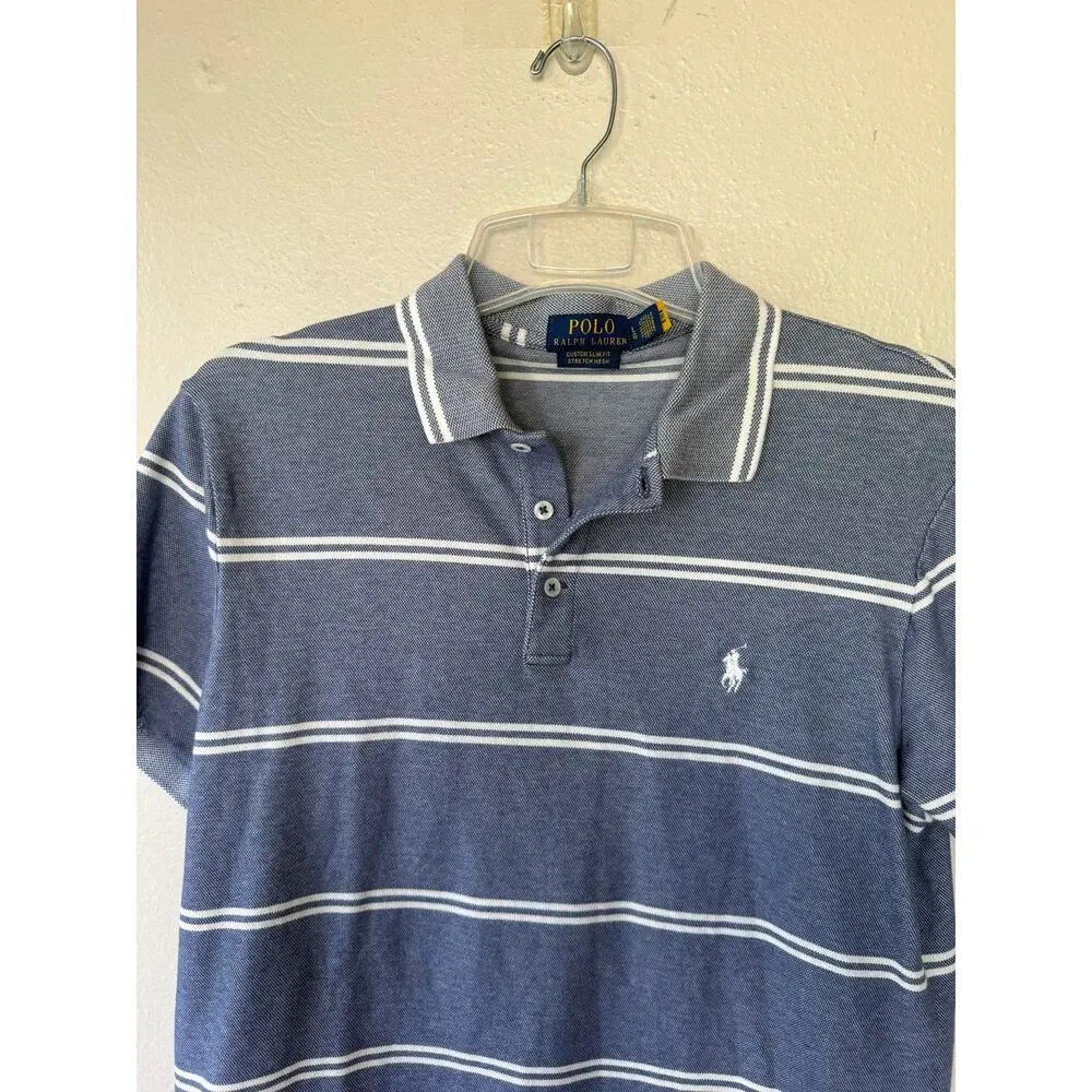 Polo Ralph Lauren Men’s L Custom Slim Fit Stretch Mesh Blue Striped Polo Shirt